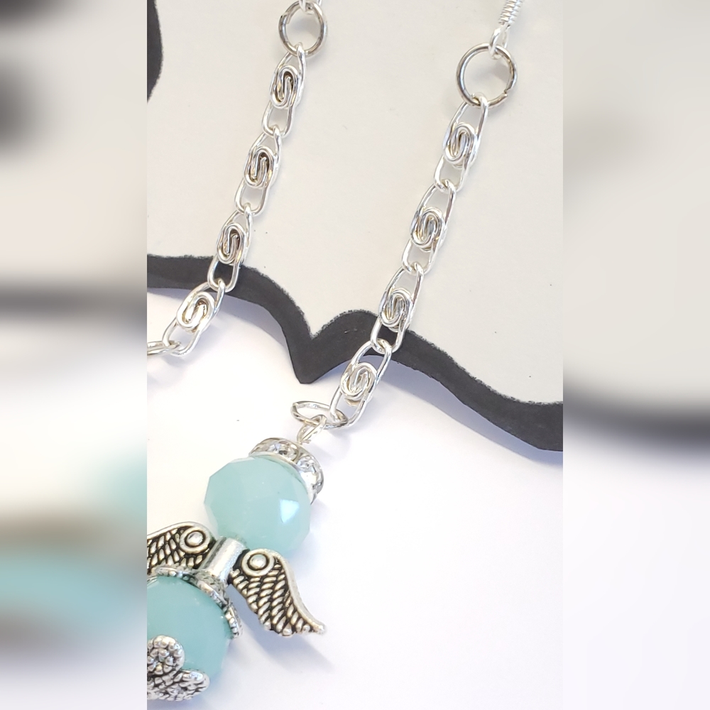 Handmade Frosted Blue Crystal Angel & Silver Chain Dangle Earrings - Picture 3 of 10